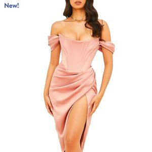 ✨️NWT✨️House of CB 'LORETTA' SATIN OFF SHOULDER CORSET MIDI DRESS BLUSH- SMALL